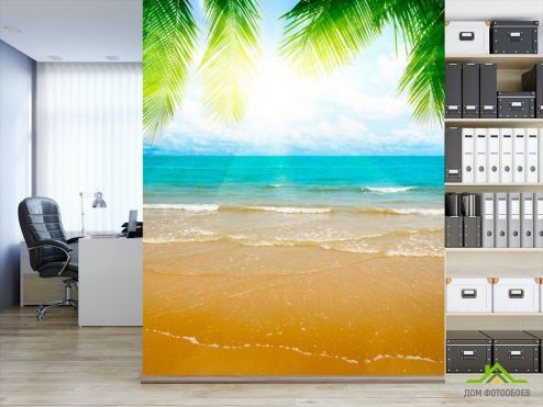 выбрать Фотошпалери Схід сонця на блакитному пляжі Фотошпалери Фотошпалери Море: вертикальна орієнтація на стіну