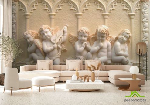 выбрать Фотообои Гипсовые ангелочки Фотообои 3D фотообои: горизонталная, горизонтальная ориентация на стену