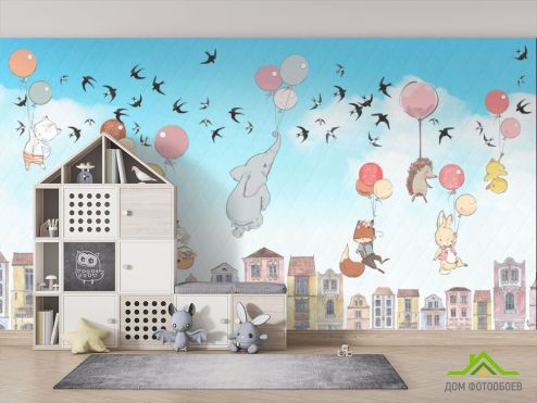 выбрать Фотообои Звери летящие над домиками Фотообои Фотообои в детскую: горизонталная, горизонтальная ориентация на стену