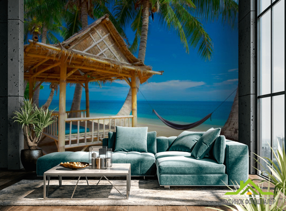 выбрать Фотообои Хижина, гамак, пальмы Каталог фотообоев на стену