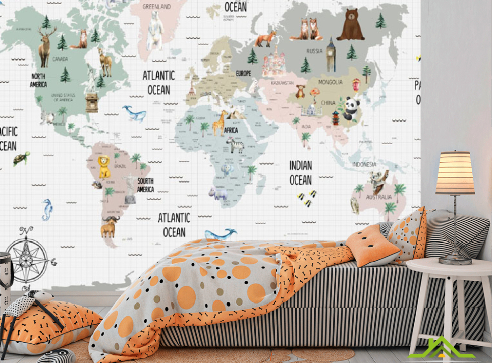 выбрать Фотошпалери Карта дитяча англійською мовою на тлі осередків Каталог фотошпалер на стіну