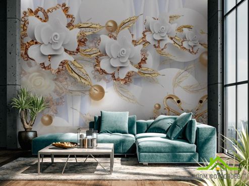 выбрать Фотообои Керамические цветы с золотом Фотообои 3D фотообои: горизонталная, горизонтальная ориентация на стену
