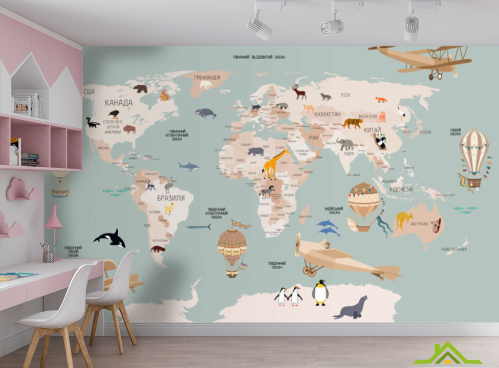 выбрать Фотообои Бирюзовая карта с самолетами на украинском Каталог фотообоев на стену