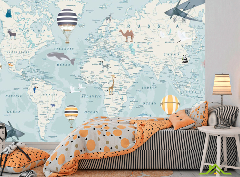 выбрать Фотошпалери блакитна карта світу з літаками англійською Каталог фотошпалер на стіну