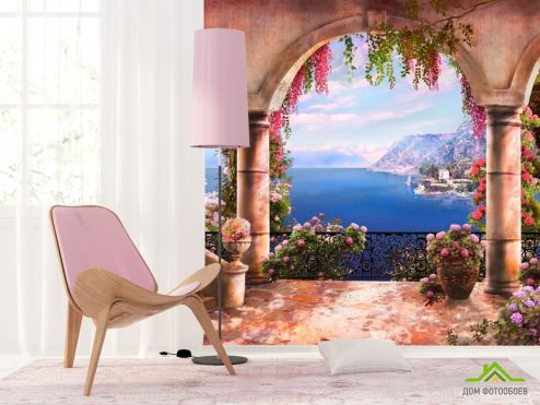 выбрать Фотообои Море, горы, балкон, цветы Фотообои Фотообои Дизайнерские фрески: фото, квадратная  на стену