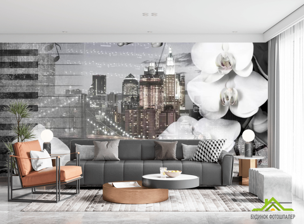 выбрать Фотообои Орхидея на фоне города Каталог фотообоев на стену