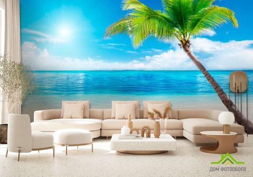 выбрать Фотообои Пляж, пальма, штиль Фотообои Фотообои Море: горизонталная, горизонтальная, голубой ориентация на стену