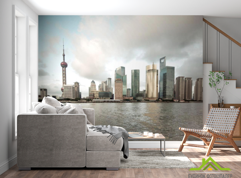 выбрать Фотошпалери Море, будинки, хмари Фотошпалери Сучасний місто на стіну