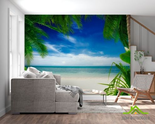 выбрать Фотообои Вид из-за пальмы Фотообои Фотообои Море: фото, горизонталная, горизонтальная  на стену