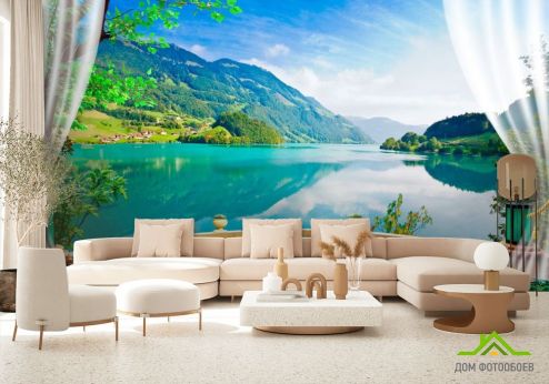 выбрать Фотошпалери Панорамне вікно з озером Фотошпалери, колір: «» на стіну