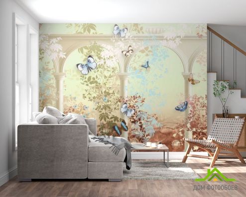выбрать Фотообои Фреска с арками и бабочками Фотообои Фотообои Дизайнерские фрески: горизонталная, горизонтальная ориентация на стену