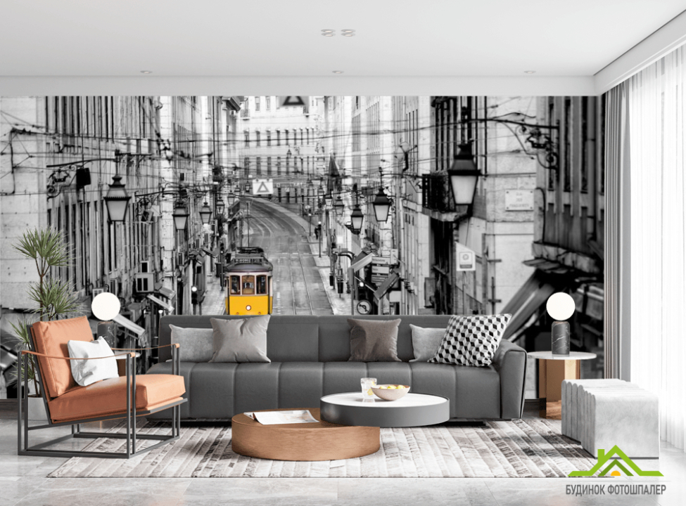 выбрать Фотошпалери жовтий трамвай у місті Каталог фотошпалер на стіну