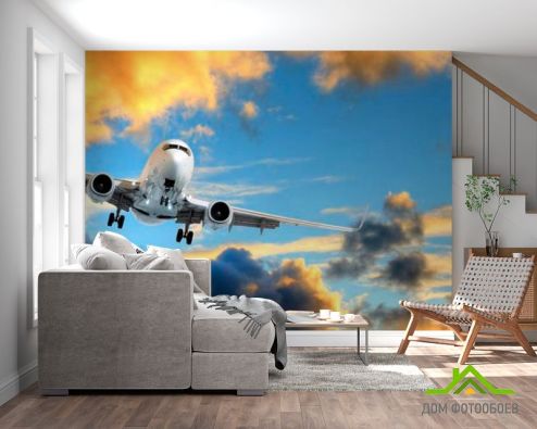 выбрать Фотошпалери Літак у небі Фотошпалери Фотошпалери Транспорт: квадратна, горизонтальна, блакитний орієнтація на стіну