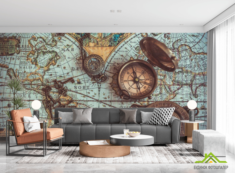 выбрать Фотообои Стилизированная карта с ключами и компасами Каталог фотообоев на стену