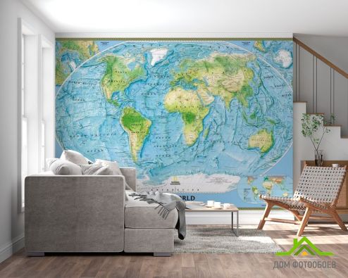 выбрать Фотообои Физическая карта мира Фотообои Фотообои карта Мира: горизонталная, горизонтальная, синий ориентация на стену