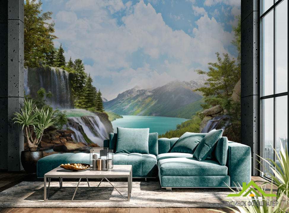 выбрать Фотообои водопад над озером в горах Каталог фотообоев на стену