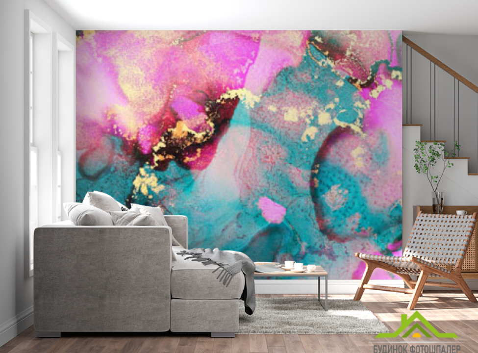 выбрать Фотообои Бирюзово-розовый флюид с золотом Фотообои Fluid art на стену