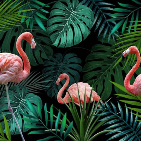 выбрать Фотообои фламинго на тропических листьях Зеленые фотообои на стену