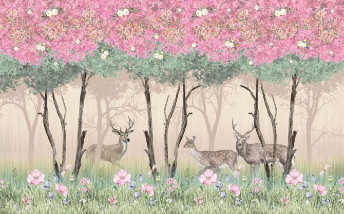Фотообои Олени в розовом лесу