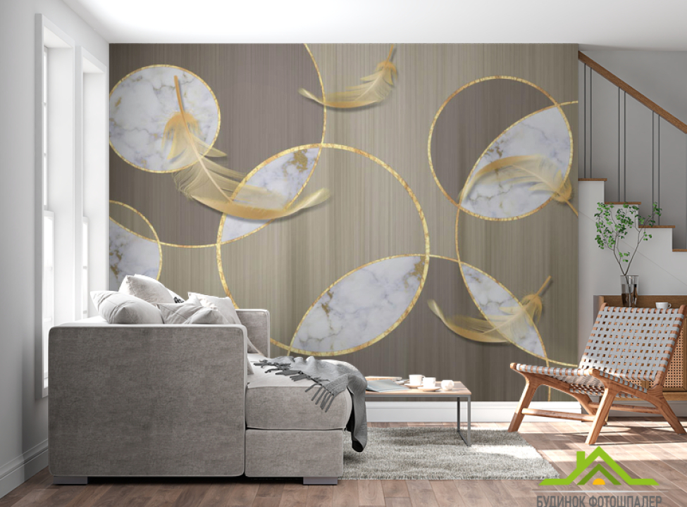 выбрать Фотообои Золотые круги и перья Каталог фотообоев на стену