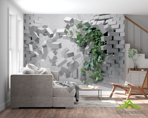 выбрать Фотообои Кирпичная стена с цветком Фотообои 3D фотообои: горизонталная, горизонтальная ориентация на стену
