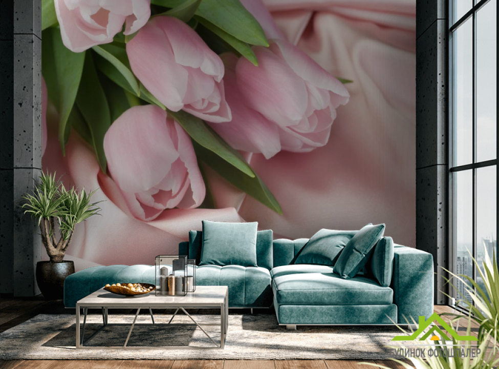 выбрать Фотообои розовые тюльпаны на розовой ткани Каталог фотообоев на стену