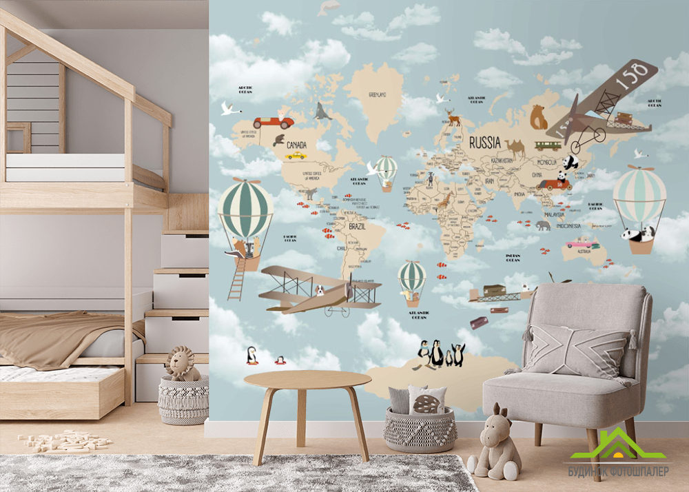 Фотошпалери Дитяча карта з літаками і повітряними кулями англійською