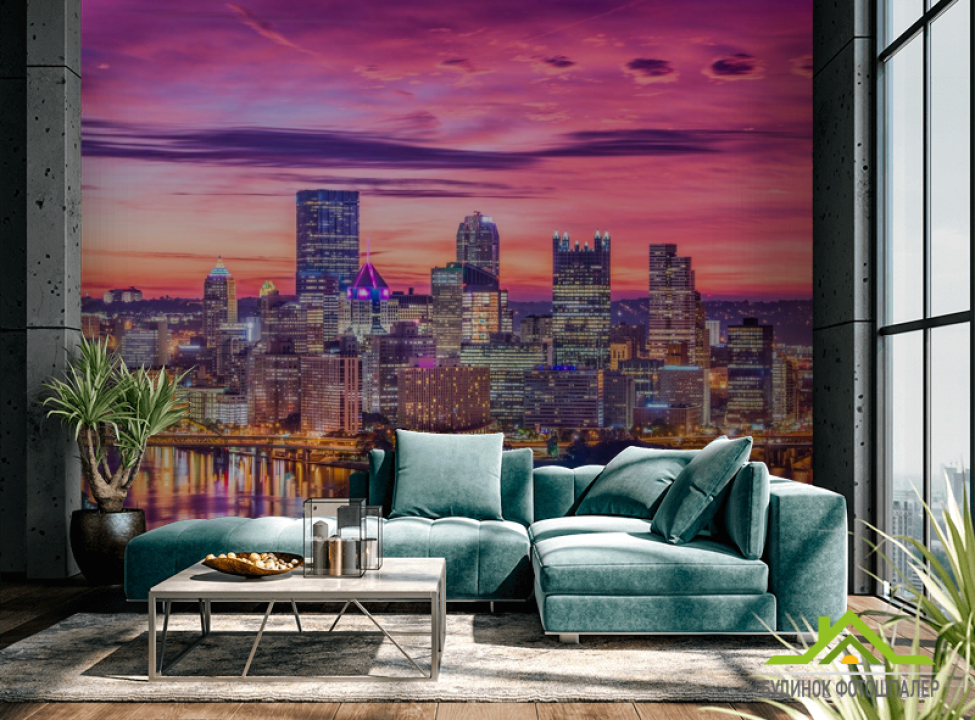 выбрать Фотообои ярко-розовое небо над городом Каталог фотообоев на стену