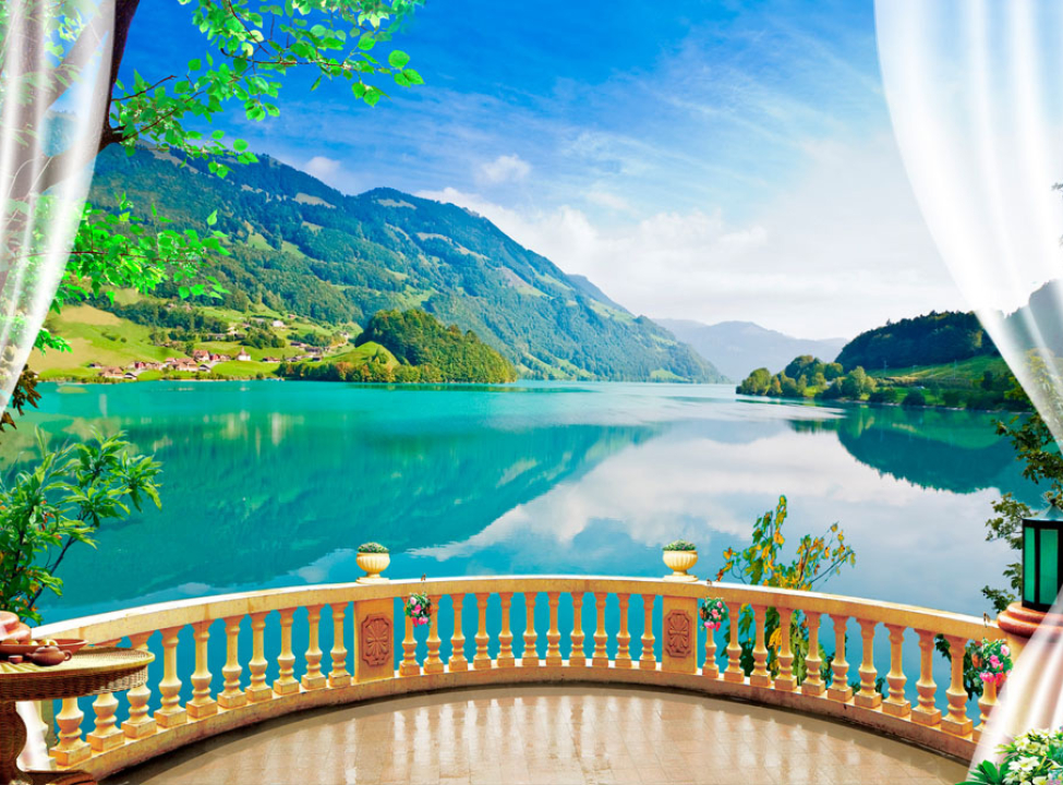 выбрать Фотообои Панорамное окно с озером Фотообои Вид из окна на стену