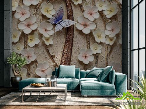 выбрать Фотообои Керамические цветы с бабочкой Фотообои 3Д барельеф на стену