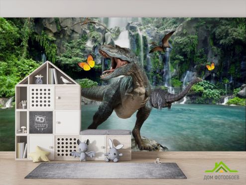 выбрать Фотообои Динозавр у водопада Фотообои, цвет: «горизонталная, горизонтальная» на стену