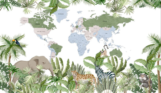 Фотошпалери карта дитяча з тропічним лісом і тваринами англійською