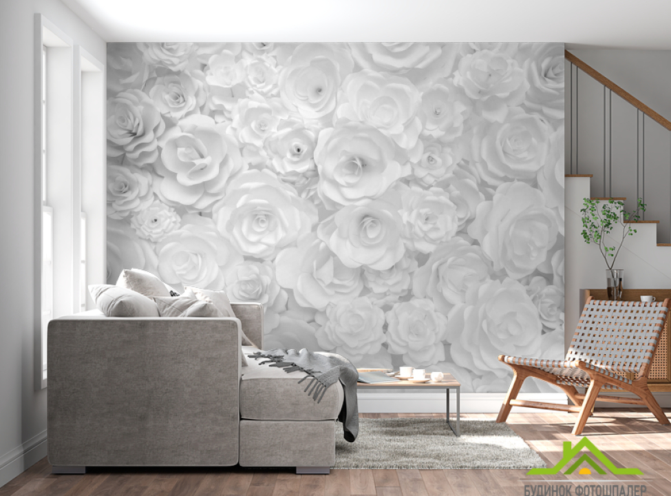 выбрать Фотообои Белая стена из бумажных цветов Каталог фотообоев на стену