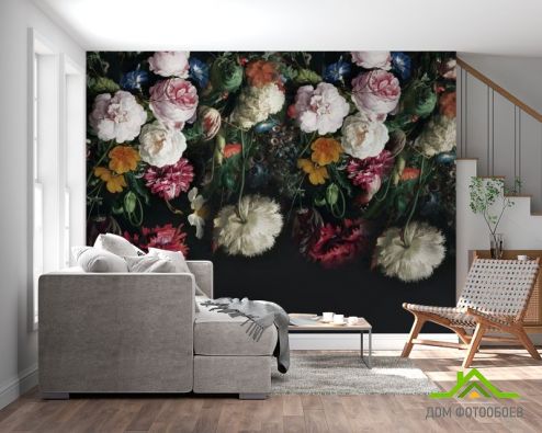 выбрать Фотошпалери Вінтажні квіти на чорному Фотошпалери Фотошпалери Квіти: квадратна, горизонтальна, чорний орієнтація на стіну
