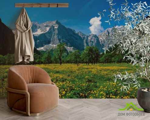 выбрать Фотообои Цветочный луг горы Фотообои Фотообои Природа: горизонталная, горизонтальная, зелений, зеленый ориентация на стену