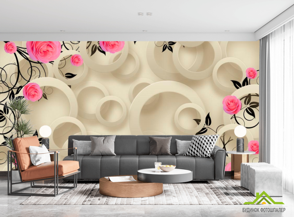 выбрать Фотошпалери Троянди і кола 3d Каталог фотошпалер на стіну
