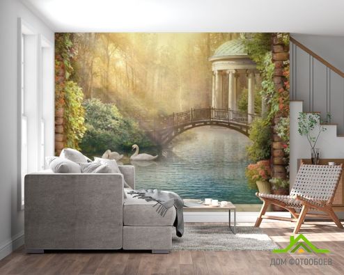 выбрать Фотообои Лебеди на пруду Фотообои Фотообои Дизайнерские фрески: горизонталная, горизонтальная ориентация на стену