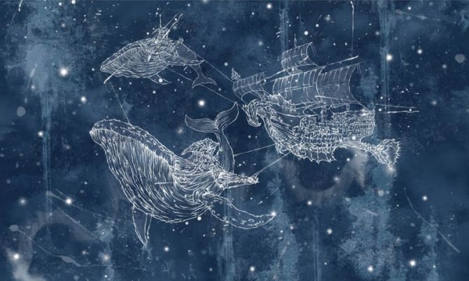 Фотообои Корабль и кит в звёздном небе
