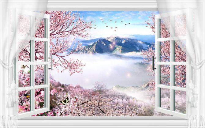 Фотообои Окно с видом на сакуру и горы