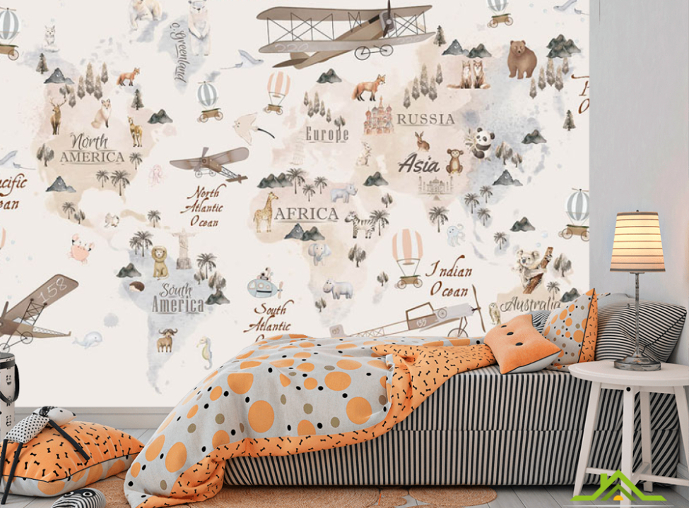 выбрать Фотообои Бежевая карта с воздушными шарами и самолетами на английском Каталог фотообоев на стену