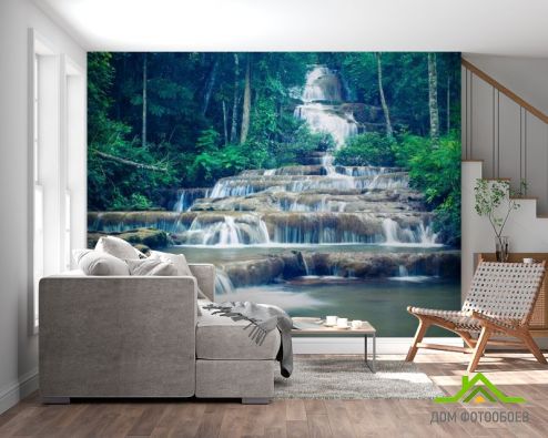 выбрать Фотошпалери ступінчастий водоспад у лісі Фотошпалери, колір: «» на стіну