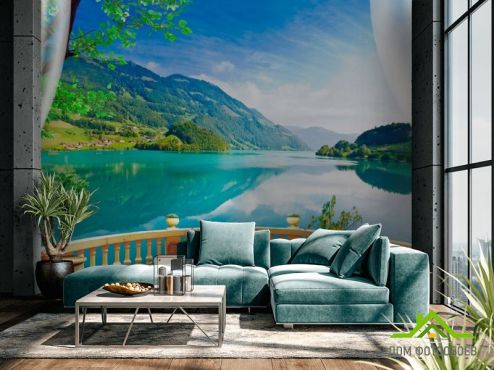 выбрать Фотошпалери Панорамне вікно з озером  на стіну