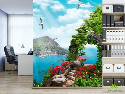 выбрать Фотошпалери Сходинки, квіти, острів Фотошпалери Фотошпалери Дизайнерські фрески: вертикальна, блакитний орієнтація на стіну