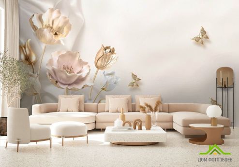 выбрать Фотообои Золотые 3д цветы Фотообои 3D фотообои: горизонталная, горизонтальная ориентация на стену