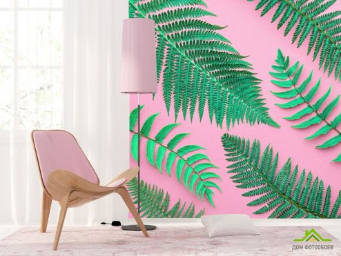 выбрать Фотообои листья на розовом фоне Фотообои тропические листья на стену