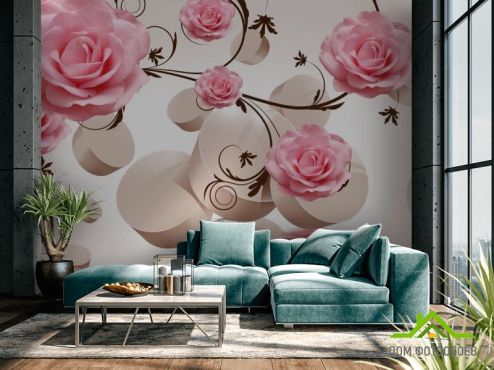 выбрать ФотообоиРозовые троянди і 3д сфери Фотошпалери Квіти на стіну