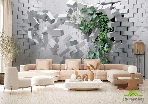 выбрать Фотообои Кирпичная стена с цветком Фотообои 3D фотообои: горизонталная, горизонтальная, серый ориентация на стену